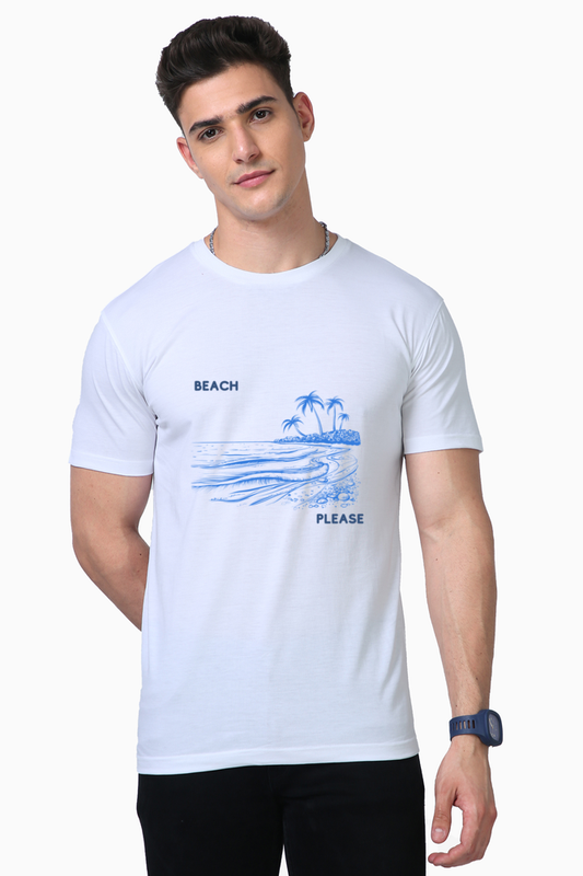 Men’s Half-Sleeve Supima T-Shirt – "Beach Please" with Beachside Scenery Design