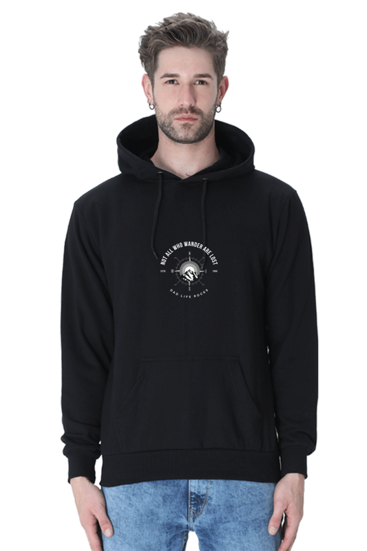 Men’s Hooded Sweatshirt – "Not All Who Wander Are Lost: Dad Life Rocks" with Compass & Mountain Design