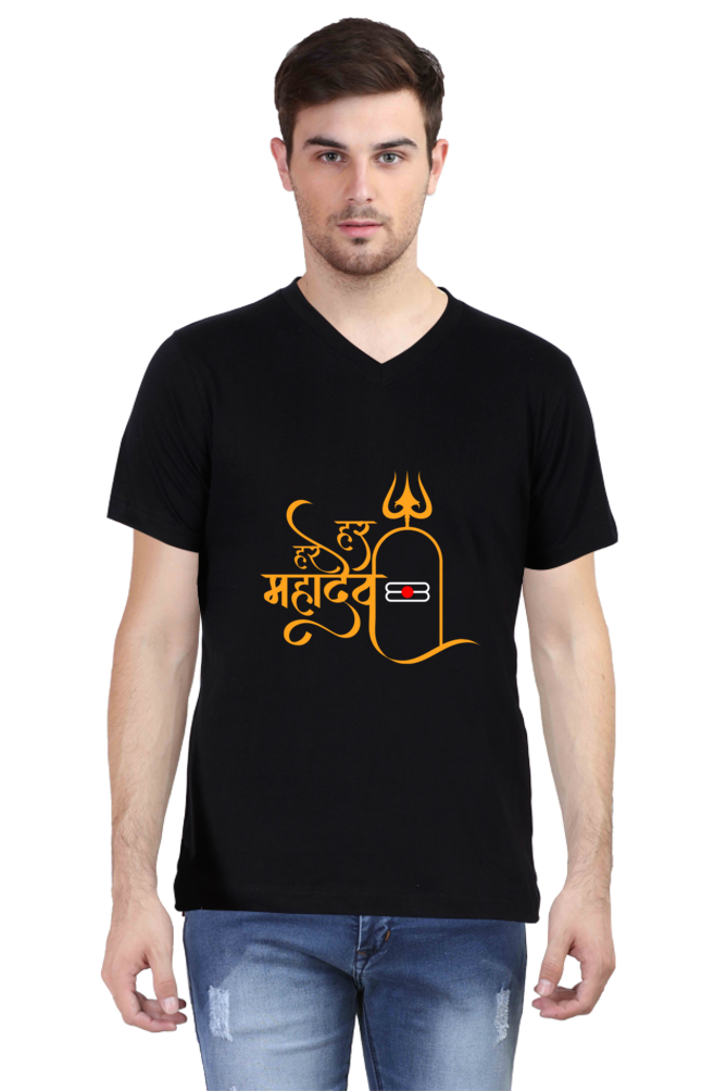 Har Har Mahadev V-Neck Men’s T-Shirt – Spiritual & Stylish Design