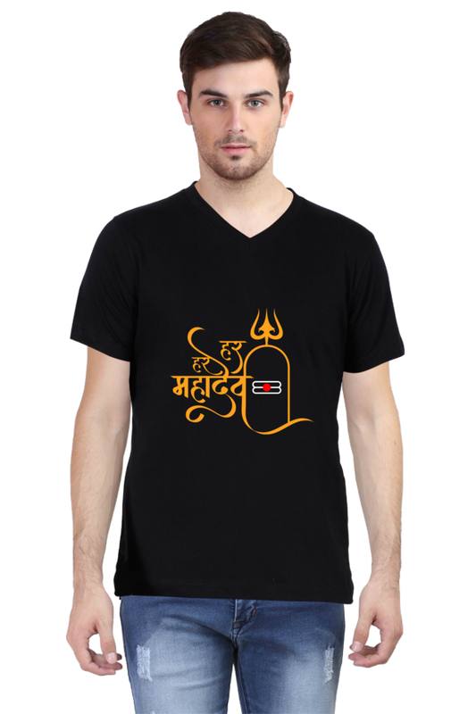 Har Har Mahadev V-Neck Men’s T-Shirt – Spiritual & Stylish Design