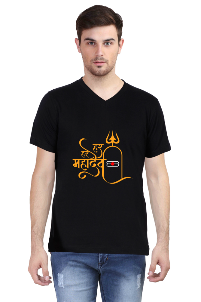 Har Har Mahadev V-Neck Men’s T-Shirt – Spiritual & Stylish Design