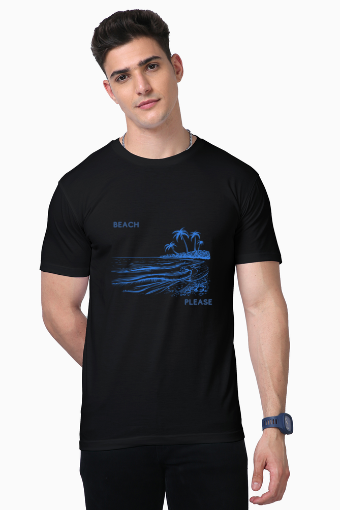 Men’s Half-Sleeve Supima T-Shirt – "Beach Please" with Beachside Scenery Design