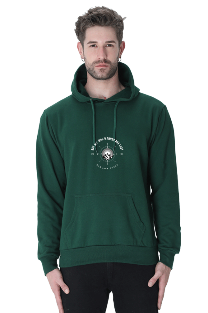 Men’s Hooded Sweatshirt – "Not All Who Wander Are Lost: Dad Life Rocks" with Compass & Mountain Design